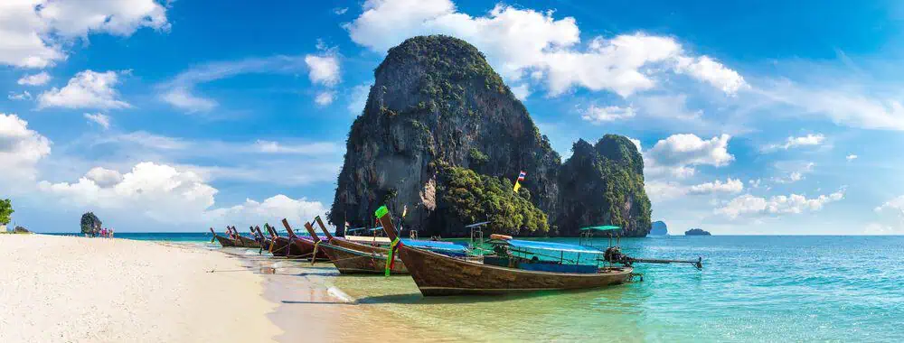 Thailand Remove BGSavedShareSamplePanorama of Traditional long tail boat on Ao Phra Nang Beach, Krabi, in Thailand