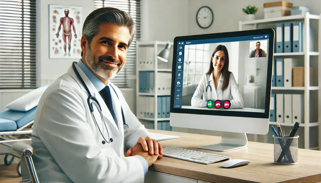 Health coach A doctor coaching another healthcare professional on a Zoom call on his computer