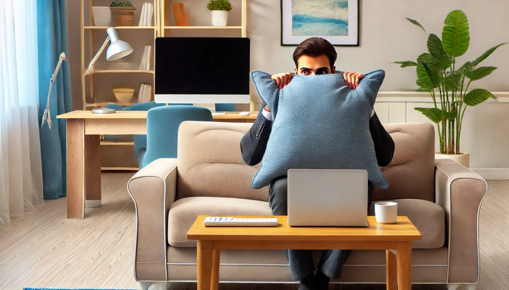 Imposter syndrome A man overcoming imposter syndrome coaching a client on his laptop by hiding behind a pillow