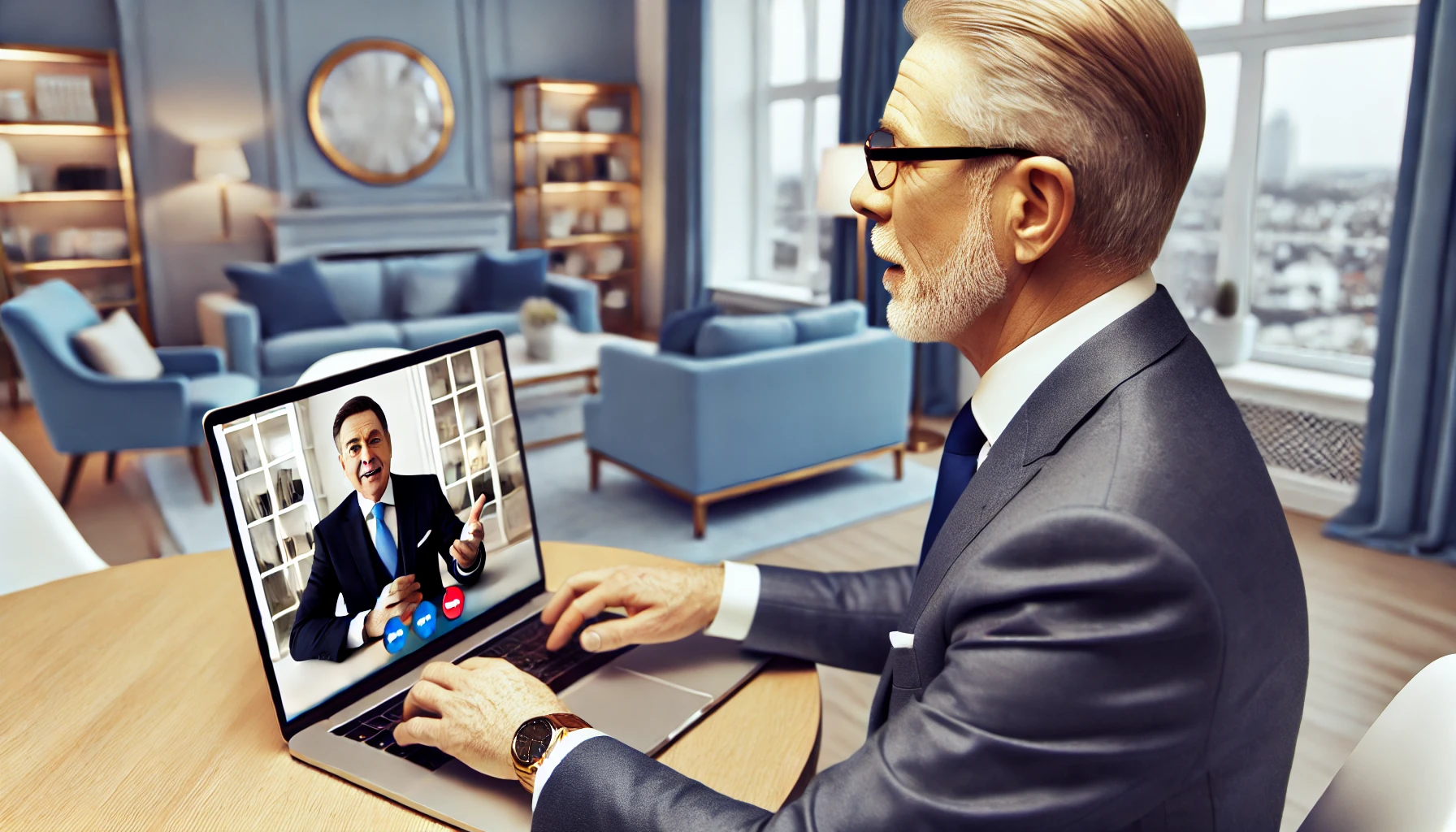 Coaching Online A wealthy man in one of the profitable coaching niches teaching someone online from his laptop at home