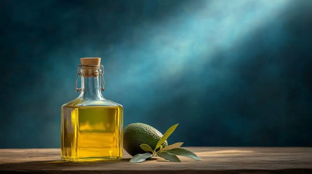 Avocado An avocado next to a bottle of olive oil