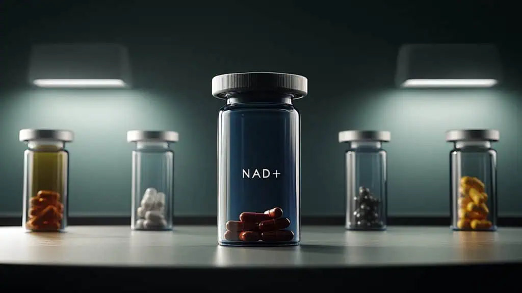 NAD+ bottles Bottles of NAD+ supplements on a kitchen table