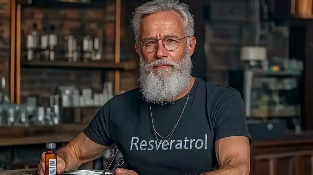 Resveratrol A man with a t-shirt displaying the word “resveratrol” about to eat some full-fat yogurt with his dose of resveratrol