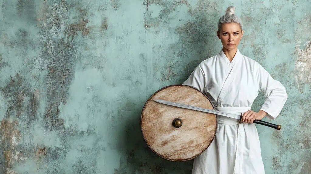 Sword and shield an older woman holding a sword and shield to fight aging