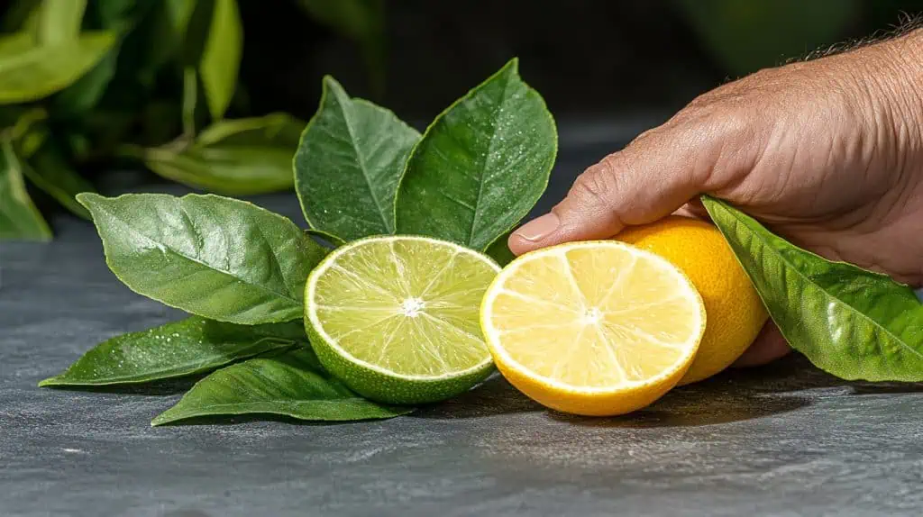 Vitamin C A middle-aged man holding citrus fruits against his skin