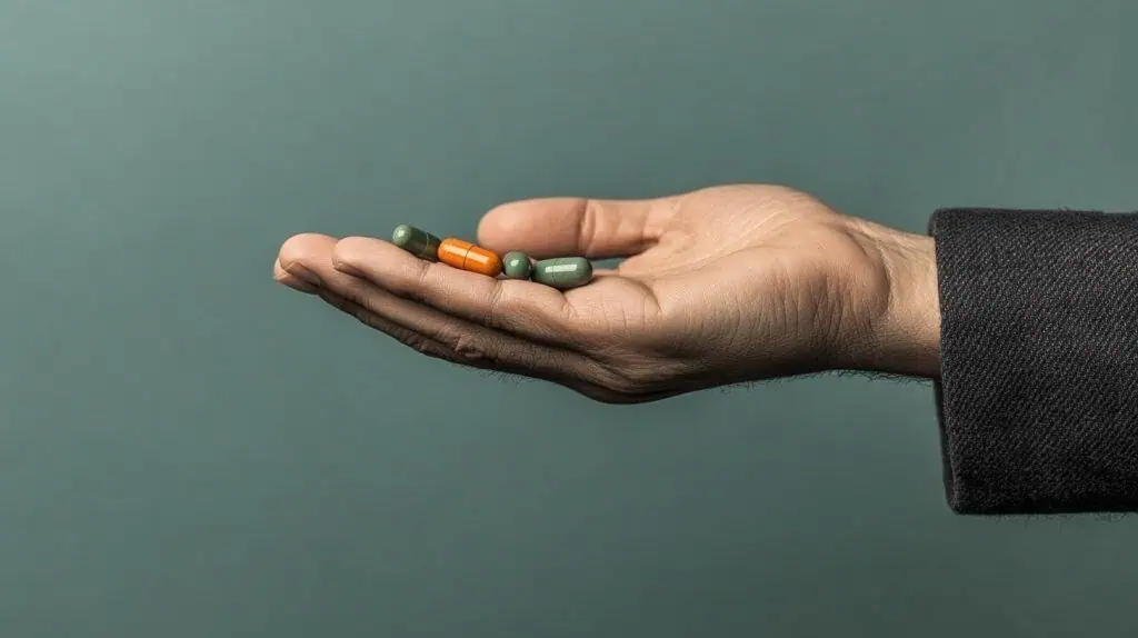 Supplement dosage A middle-aged man holding out his palm to reveal several supplement capsules
