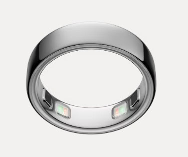 Oura Ring 5 in silver, front-facing view showing the sensor array