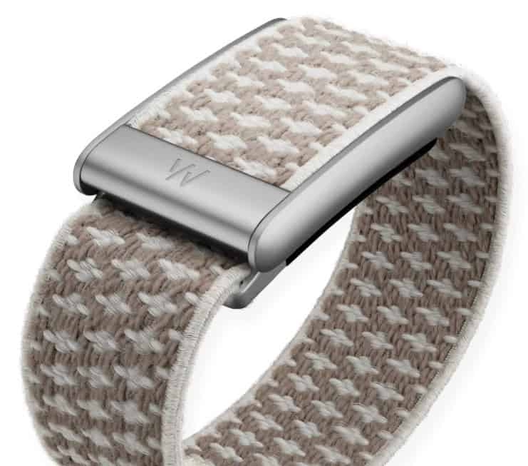 WHOOP 5.0 band in a woven fabric finish, close angled view of the clasp