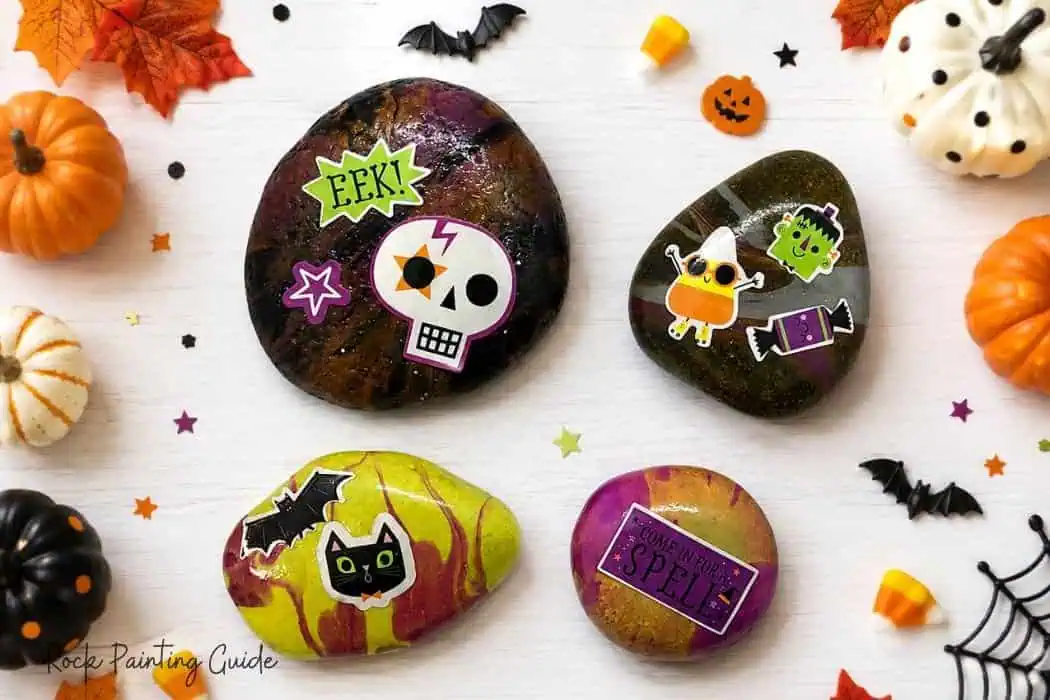 8 Easy Halloween Rock Painting Ideas for Kids 5 Halloween sticker painted rocks