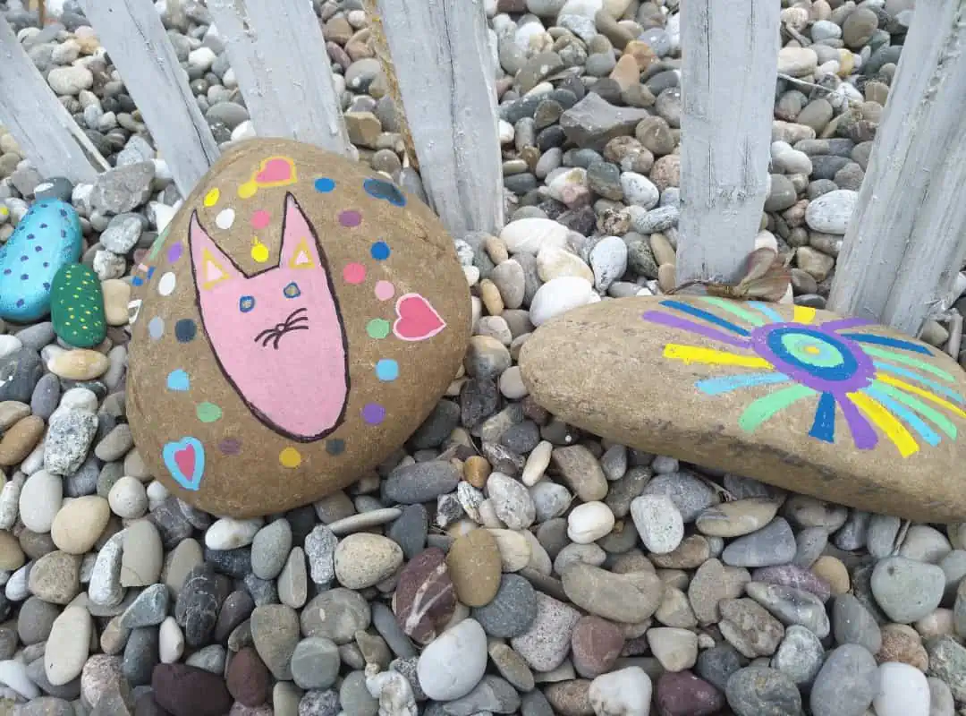 Complete Guide: How to Paint Rocks, Tips & Tricks, and Ideas to Try 9 painted cat stone and sun stone on the ground
