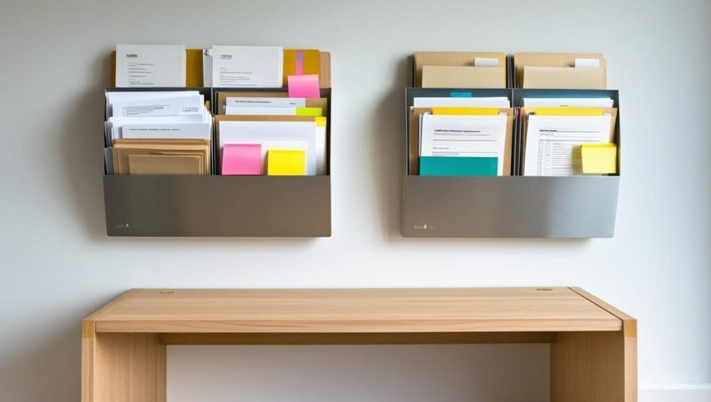 2 wall mounted metal organizers above a narrow light wood desk, holding documents, folders and notes in an organized vertical layout (1)