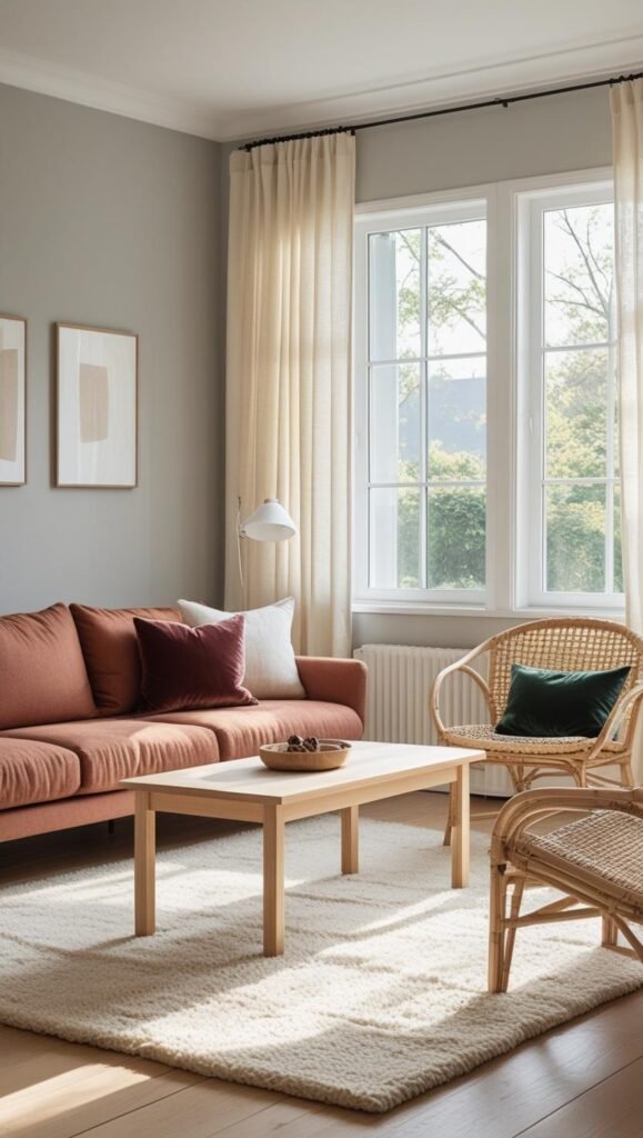 a scandinavian inspired living room with a soft sage green or muted rust colored sofa a scandinavian inspired living room with a soft sage green or muted rust colored sofa