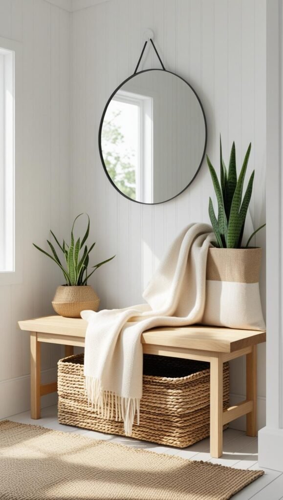a scandinavian style entryway with a light wood bench, woven basket underneath, soft wool throw draped on top a scandinavian style entryway with a light wood bench, woven basket underneath, soft wool throw draped on top