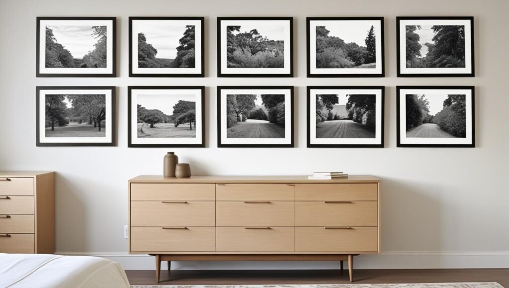 a bedroom with a black and white gallery grid above the bed or dresser. matching thin black frames, cohesive layout. neutral decor, mid century furniture, clean styling. a bedroom with a black and white gallery grid above the bed or dresser. matching thin black frames, cohesive layout. neutral decor, mid century furniture, clean styling.