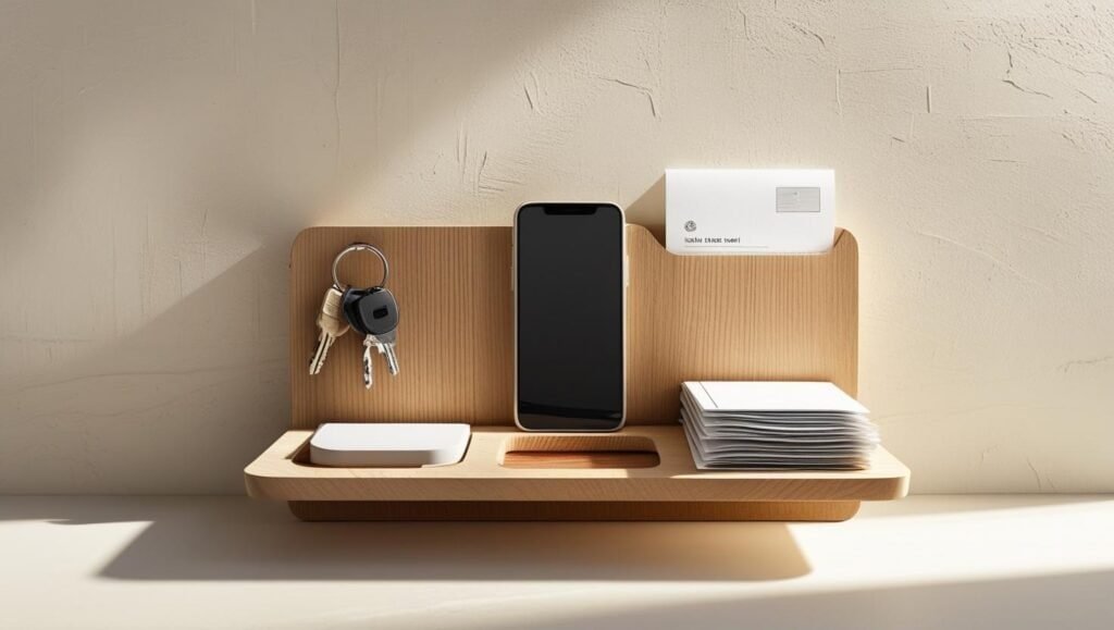 a chic entry tray or small wall shelf featuring keys, a phone, mail, and a notepad in a defined drop zone near the office entrance