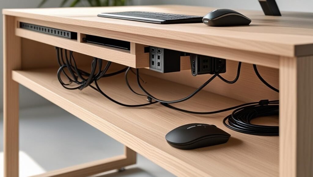 a close up of the underside of a minimalist desk showing hidden power strips, cable clips, and a wireless mouse keyboard combo on top.