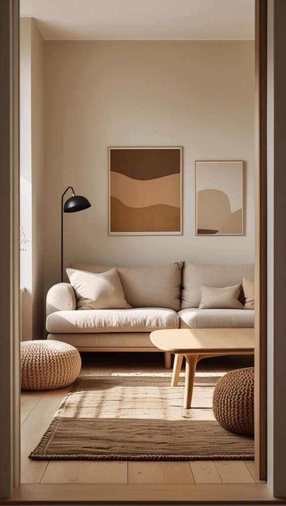 a cozy scandinavian living room featuring a low profile oatmeal colored sofa, a light oak coffee table a cozy scandinavian living room featuring a low profile oatmeal colored sofa, a light oak coffee table