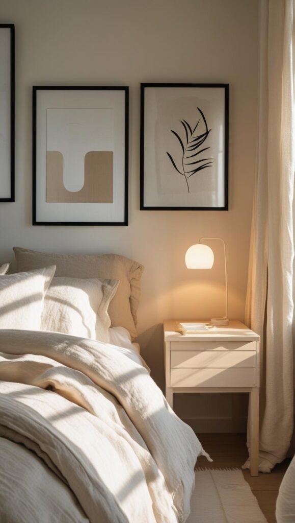 a cozy scandinavian style bedroom with layered neutral textiles, a soft linen duvet, pale wood nightstand. a cozy scandinavian style bedroom with layered neutral textiles, a soft linen duvet, pale wood nightstand.