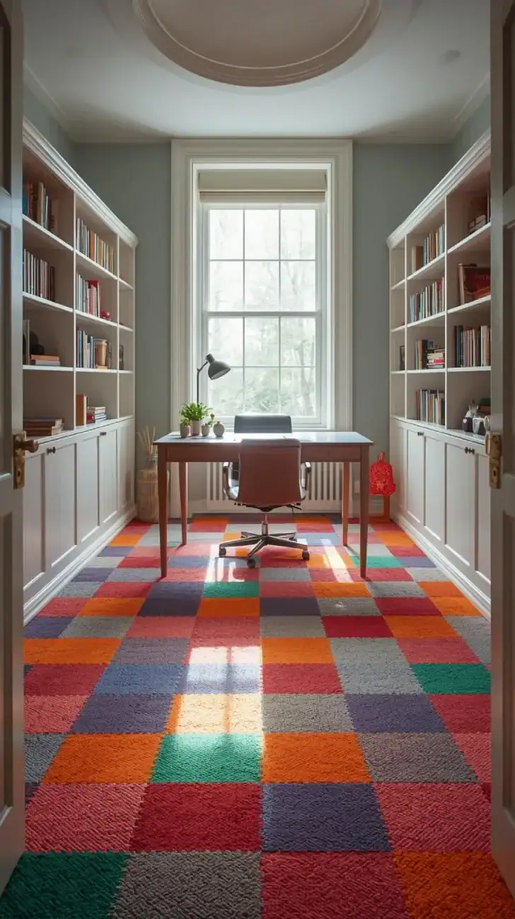a cozy home office space with colorful, modern carpet tiles flooring