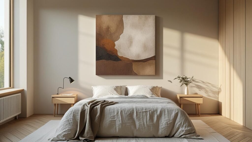 a minimalist bedroom featuring a single large abstract canvas above the bed. clean lines, warm lighting, neutral bedding. scandinavian decor with wood accents. photorealistic. a minimalist bedroom featuring a single large abstract canvas above the bed. clean lines, warm lighting, neutral bedding. scandinavian decor with wood accents. photorealistic.