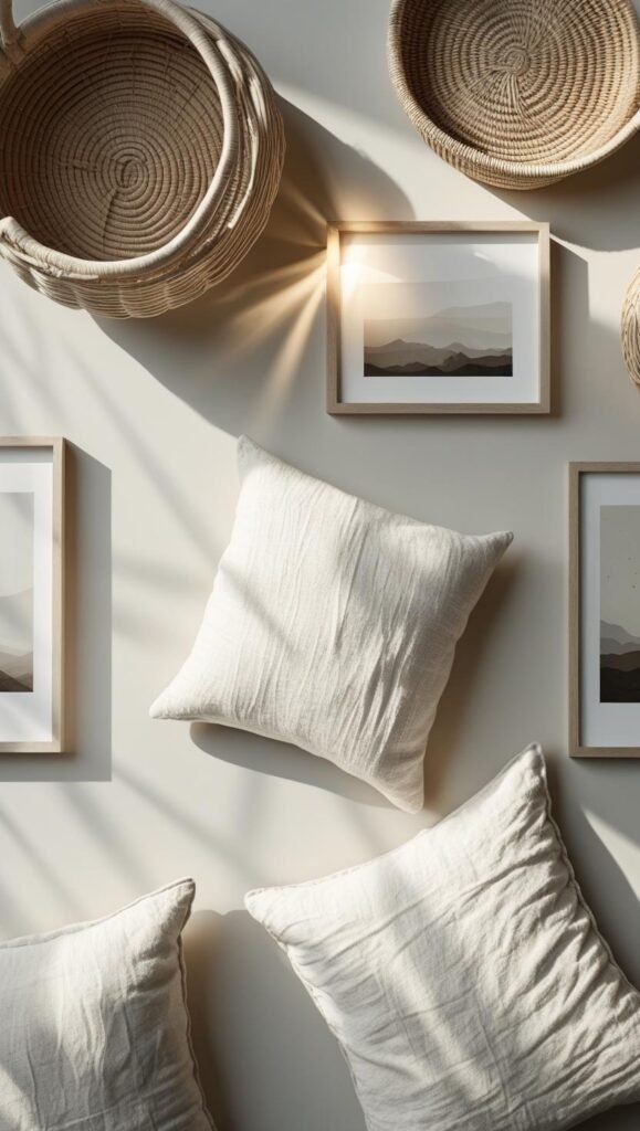 a minimalist collage style layout of scandinavian home elements linen pillows, woven baskets, framed prints, and soft lighting elements. a minimalist collage style layout of scandinavian home elements linen pillows, woven baskets, framed prints, and soft lighting elements.