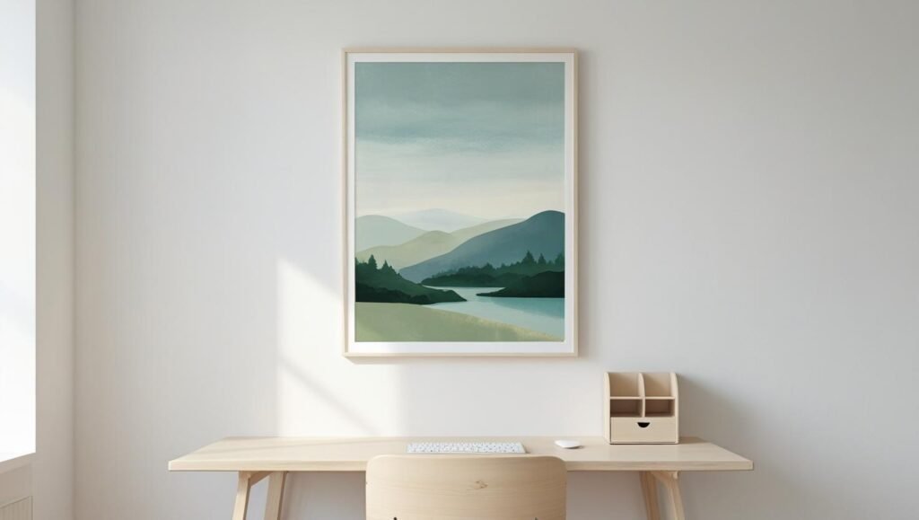 a minimalist wall with a single calming print or framed quote above a tidy desk; surrounding white space to reinforce a clutter free vibe