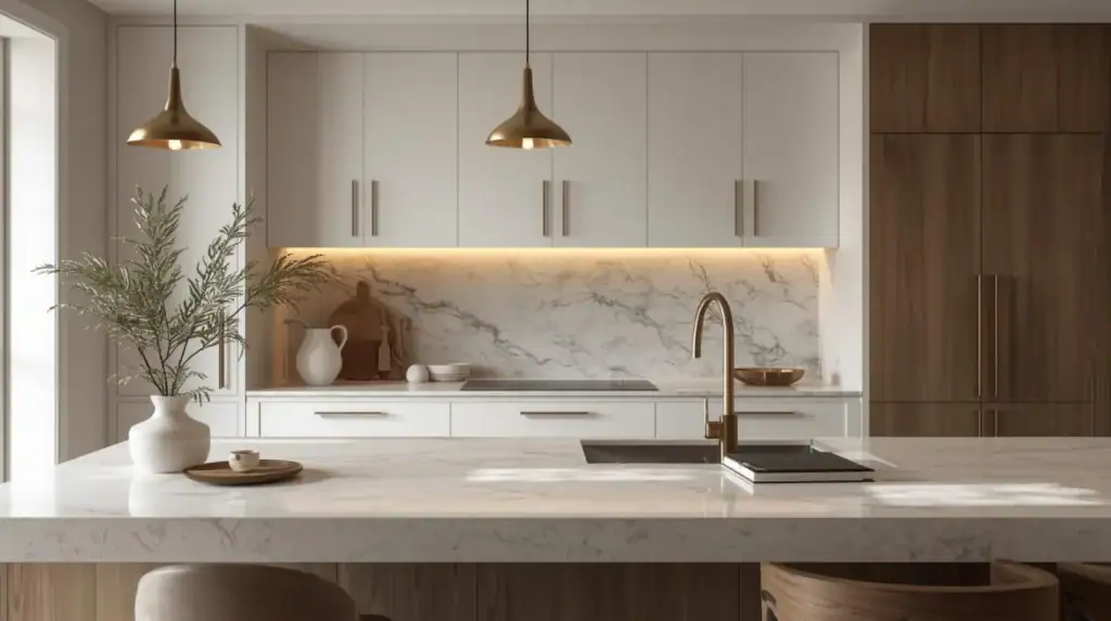 a modern, high end kitchen styled to look luxurious without being oversized.