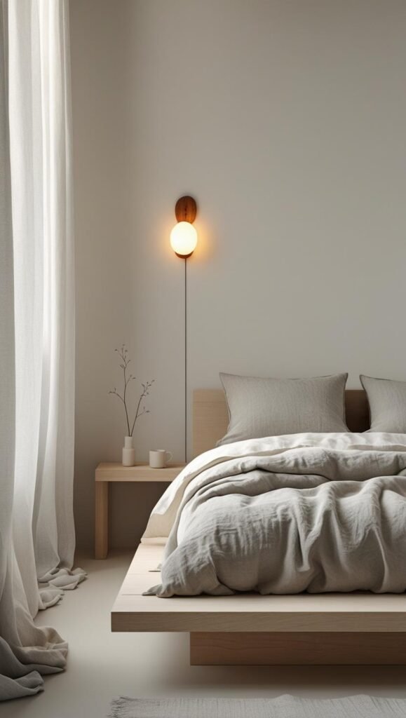 a serene scandinavian bedroom with a platform bed in light wood, dressed in soft linen bedding a serene scandinavian bedroom with a platform bed in light wood, dressed in soft linen bedding