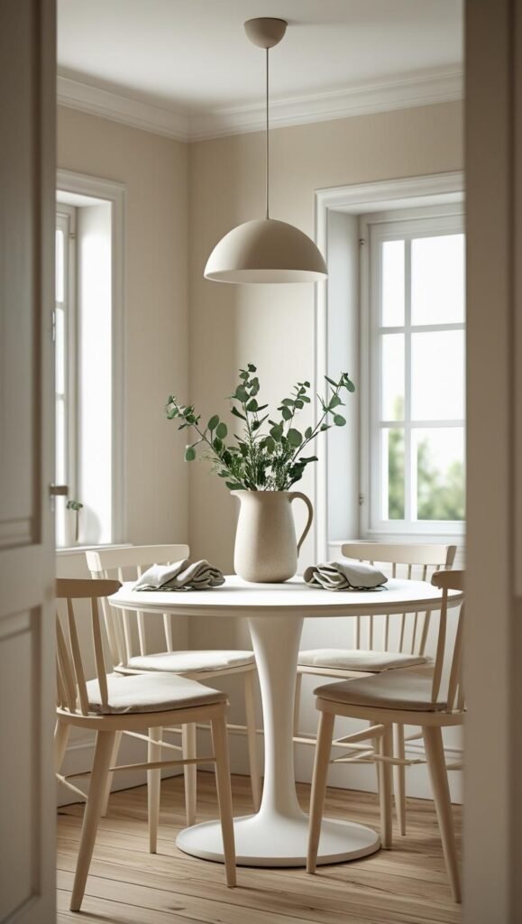 a small scandinavian kitchen nook with a white round dining table, pale wood chairs, soft linen napkins a small scandinavian kitchen nook with a white round dining table, pale wood chairs, soft linen napkins