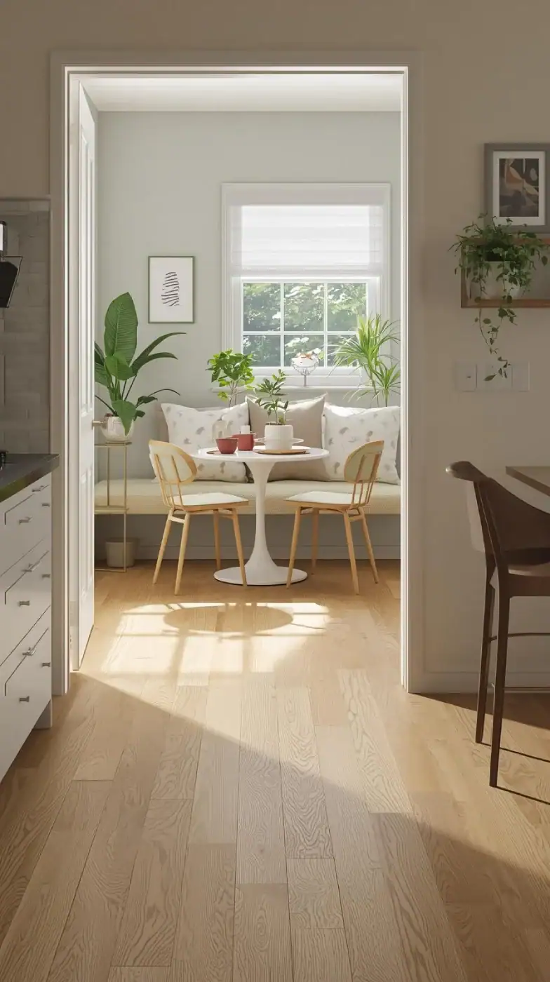 a small kitchen breakfast nook with a rolled out vinyl sheet oak hardwood flooring