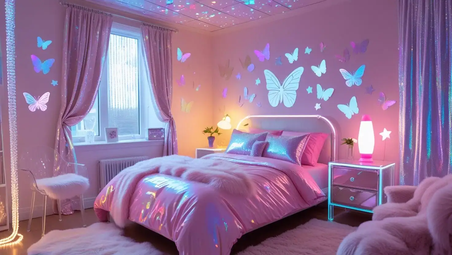 a stylish y2k inspired bedroom collage featuring holographic decor, pastel pink bedding, butterfly wall decals, lava lamp on nightstand. (2)
