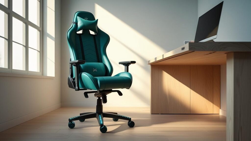 a stylish ergonomic gaming chair, paired with a sleek gaming desk, soft natural lighting, gaming setup, photorealistic a stylish ergonomic gaming chair, paired with a sleek gaming desk, soft natural lighting, gaming setup, photorealistic