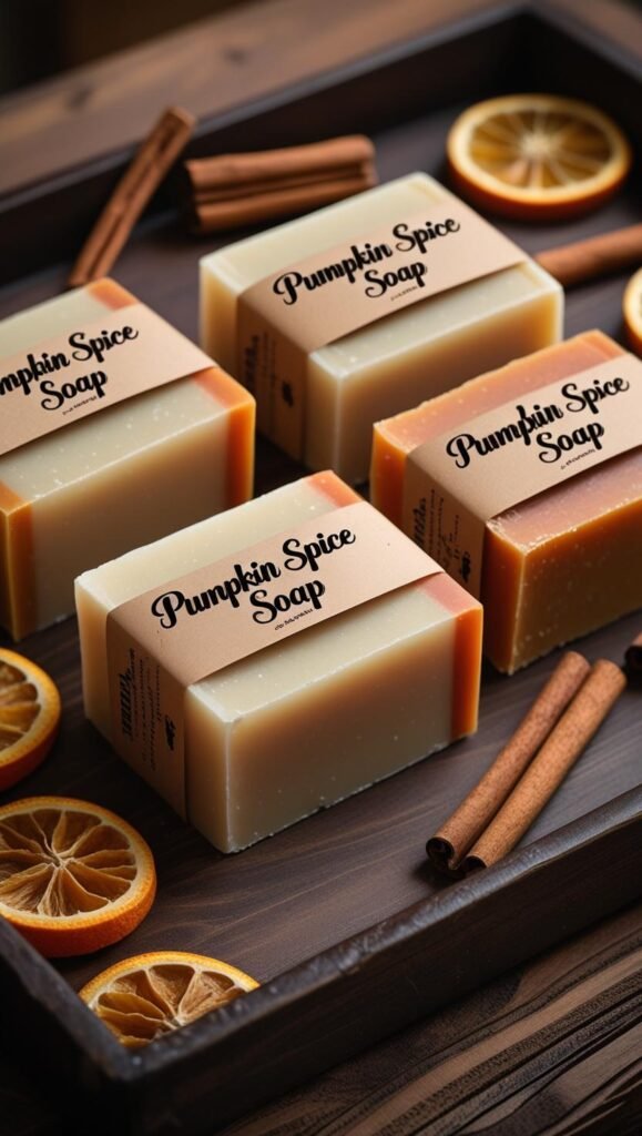 artisan soap bars in warm fall colors like cream and burnt orange, labeled with kraft paper bands reading “pumpkin spice soap,” displayed artisan soap bars in warm fall colors like cream and burnt orange, labeled with kraft paper bands reading “pumpkin spice soap,” displayed