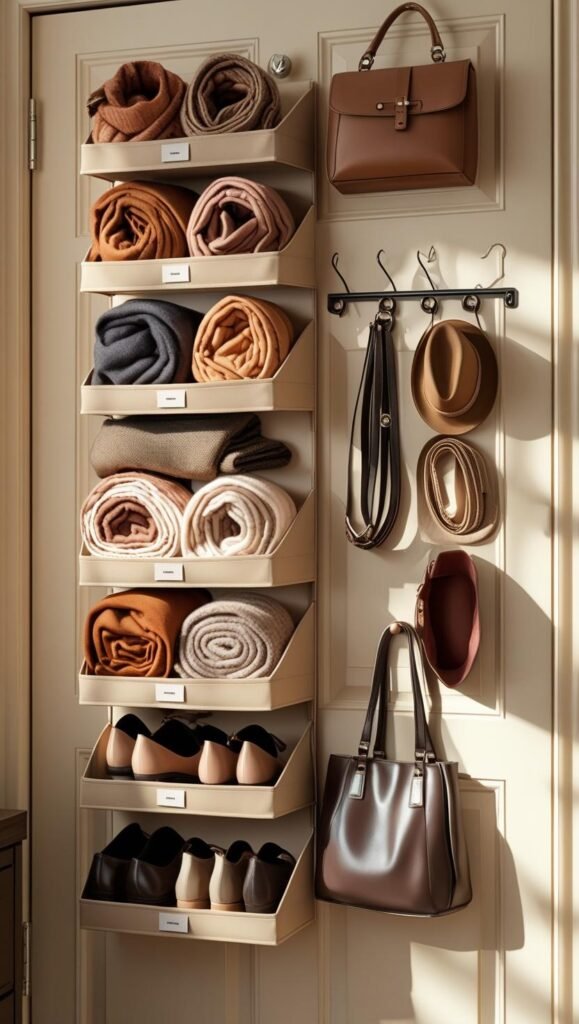 back of a closet door with an over the door organizer filled with neatly stored scarves, shoes