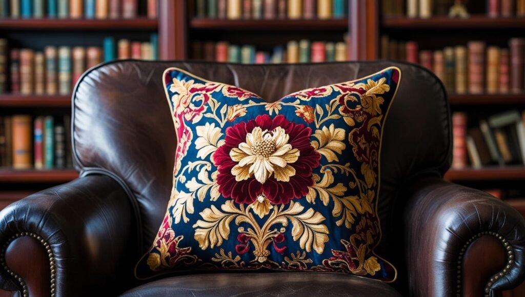 baroque floral tapestry pillow on a dark leather armchair, bookshelf with vintage books in background baroque floral tapestry pillow on a dark leather armchair, bookshelf with vintage books in background