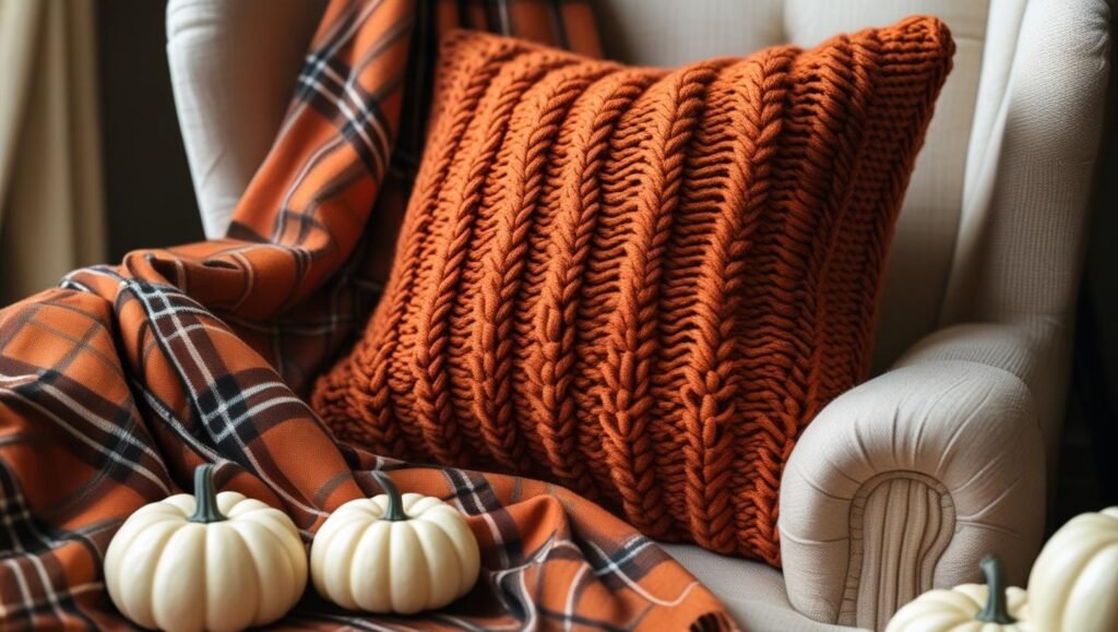 burnt orange chunky knit pillow on a light beige chair, surrounded by a plaid throw and mini white pumpkins, cozy corner setting burnt orange chunky knit pillow on a light beige chair, surrounded by a plaid throw and mini white pumpkins, cozy corner setting