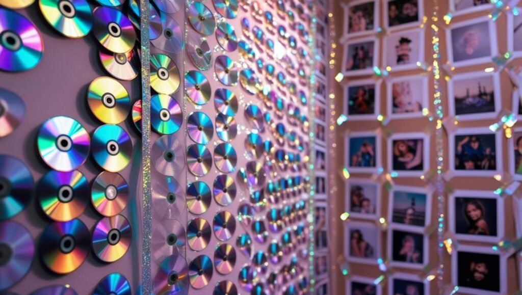 cd covered feature wall with reflective shine, surrounded by polaroid style photos, and glitter tape. artistic, diy bedroom corner setup with y2k flair. (1)