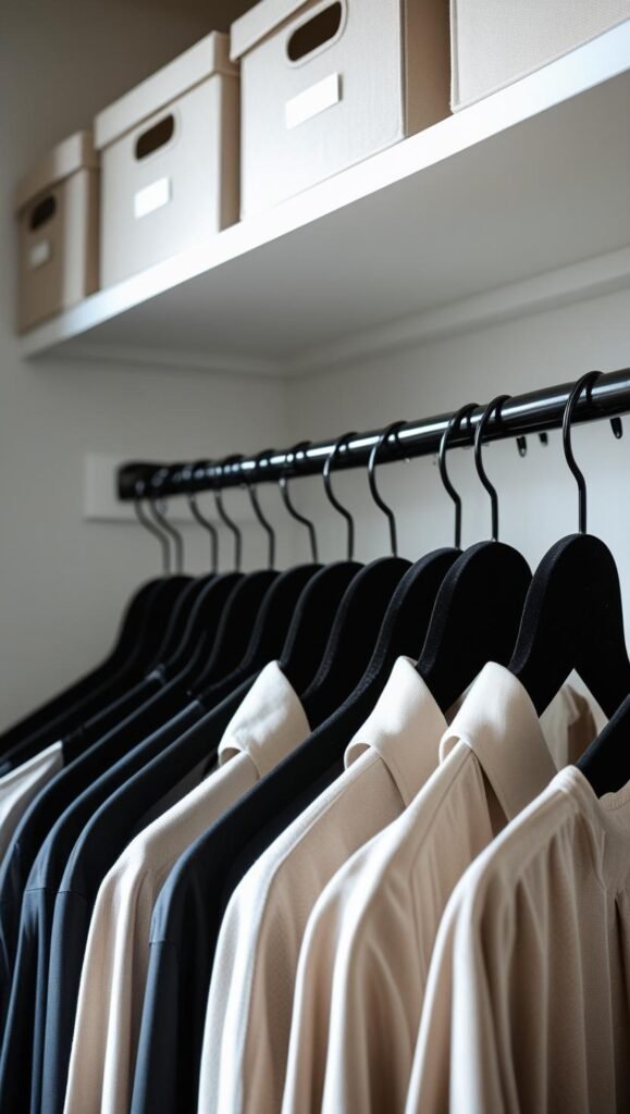close up of a small closet rod with slim black velvet hangers neatly lined up holding neutral toned shirts