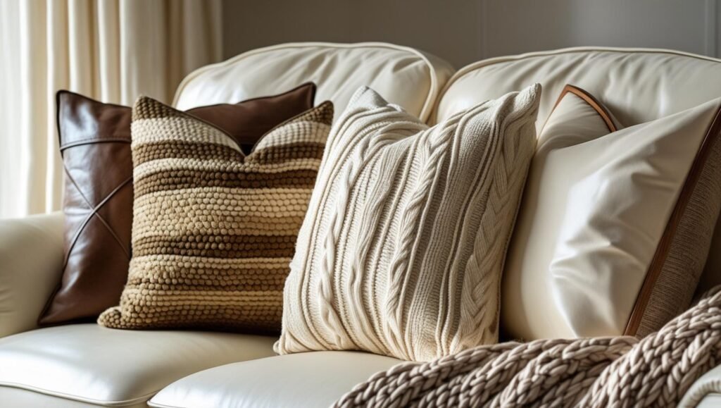 close up of four pillow covers on a cream sofa faux leather, tufted cream, and woven neutral, with wood accents and a chunky throw blanket nearby. close up of four pillow covers on a cream sofa faux leather, tufted cream, and woven neutral, with wood accents and a chunky throw blanket nearby.