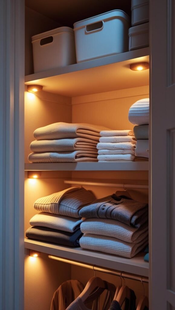 closet interior with stick on led puck lights glowing under shelves and in corners.