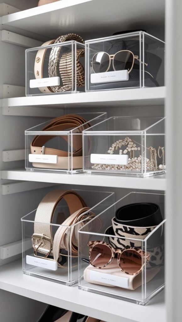 closet shelf with multiple clear acrylic bins holding neatly organized accessories belts, sunglasses, jewelry.