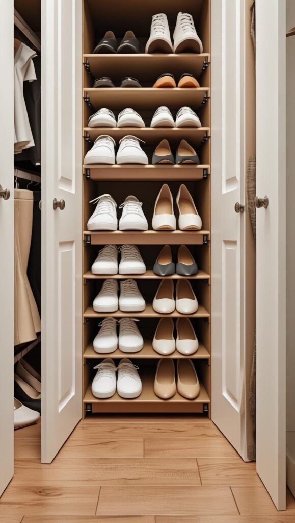 compact vertical shoe rack inside a small closet, holding neatly paired shoes