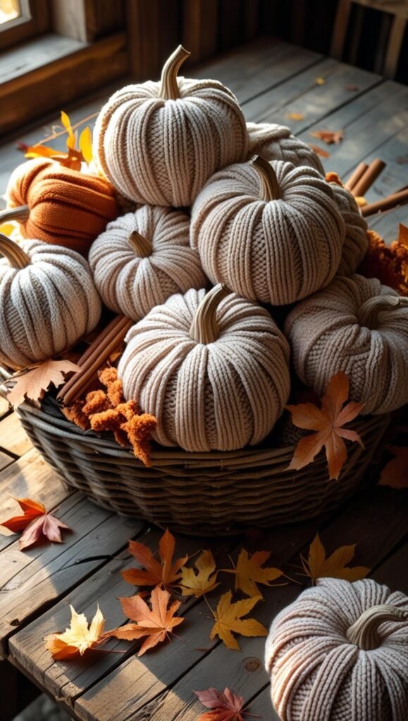 cozy neutral toned chunky knit pumpkins made from soft chenille yarn, arranged in a rustic wicker basket on a wooden table cozy neutral toned chunky knit pumpkins made from soft chenille yarn, arranged in a rustic wicker basket on a wooden table