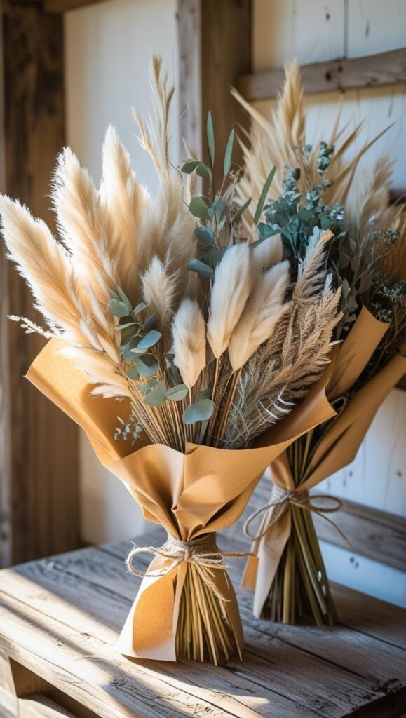 elegant dried floral bouquets with pampas grass, eucalyptus, and bunny tails wrapped in kraft paper and tied with jute twine elegant dried floral bouquets with pampas grass, eucalyptus, and bunny tails wrapped in kraft paper and tied with jute twine