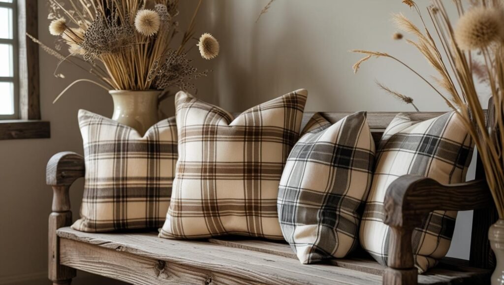 farmhouse style room with patchwork plaid pillows on a rustic wood bench, neutral tones, dried florals in background farmhouse style room with patchwork plaid pillows on a rustic wood bench, neutral tones, dried florals in background