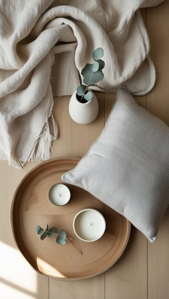 flat lay of scandinavian inspired decor items a folded linen blanket flat lay of scandinavian inspired decor items a folded linen blanket