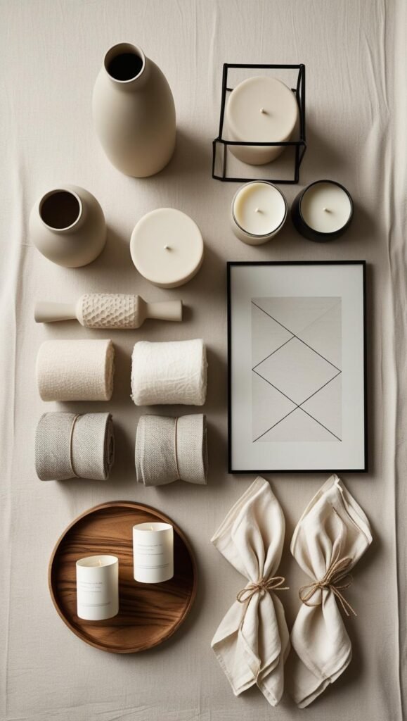 flat lay of scandinavian style home accessories arranged neatly on a pale linen background flat lay of scandinavian style home accessories arranged neatly on a pale linen background