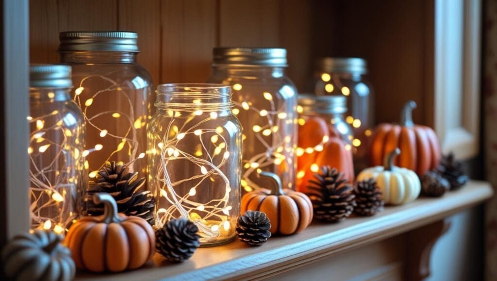 glass jars filled with fairy lights on a bedroom shelf, softly glowing, surrounded by fall décor like pinecones and mini pumpkins glass jars filled with fairy lights on a bedroom shelf, softly glowing, surrounded by fall décor like pinecones and mini pumpkins