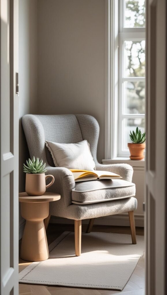 inviting corner of a scandinavian room with a comfy chair, small round table, and notebook inviting corner of a scandinavian room with a comfy chair, small round table, and notebook
