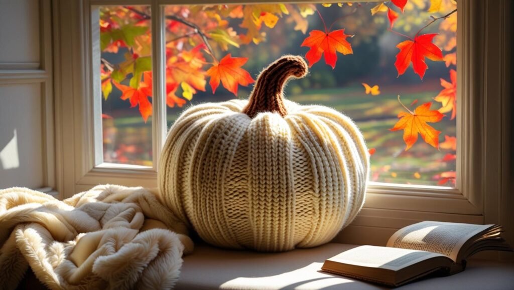 knitted pumpkin pillow in cream on a window seat with fall leaves outside, soft throw and open book beside it knitted pumpkin pillow in cream on a window seat with fall leaves outside, soft throw and open book beside it